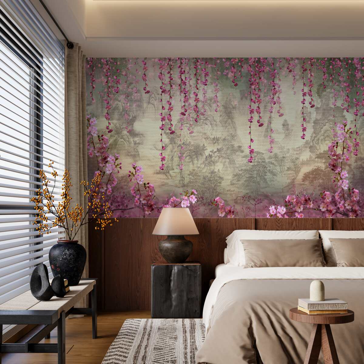 Фотошпалери рожеві квіти, що падають у воду зверху вниз