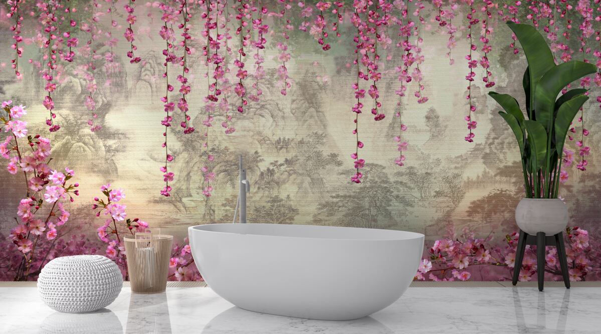 Фотошпалери рожеві квіти, що падають у воду зверху вниз