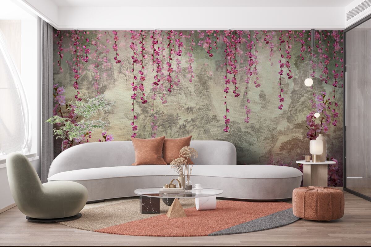 Фотошпалери рожеві квіти, що падають у воду зверху вниз