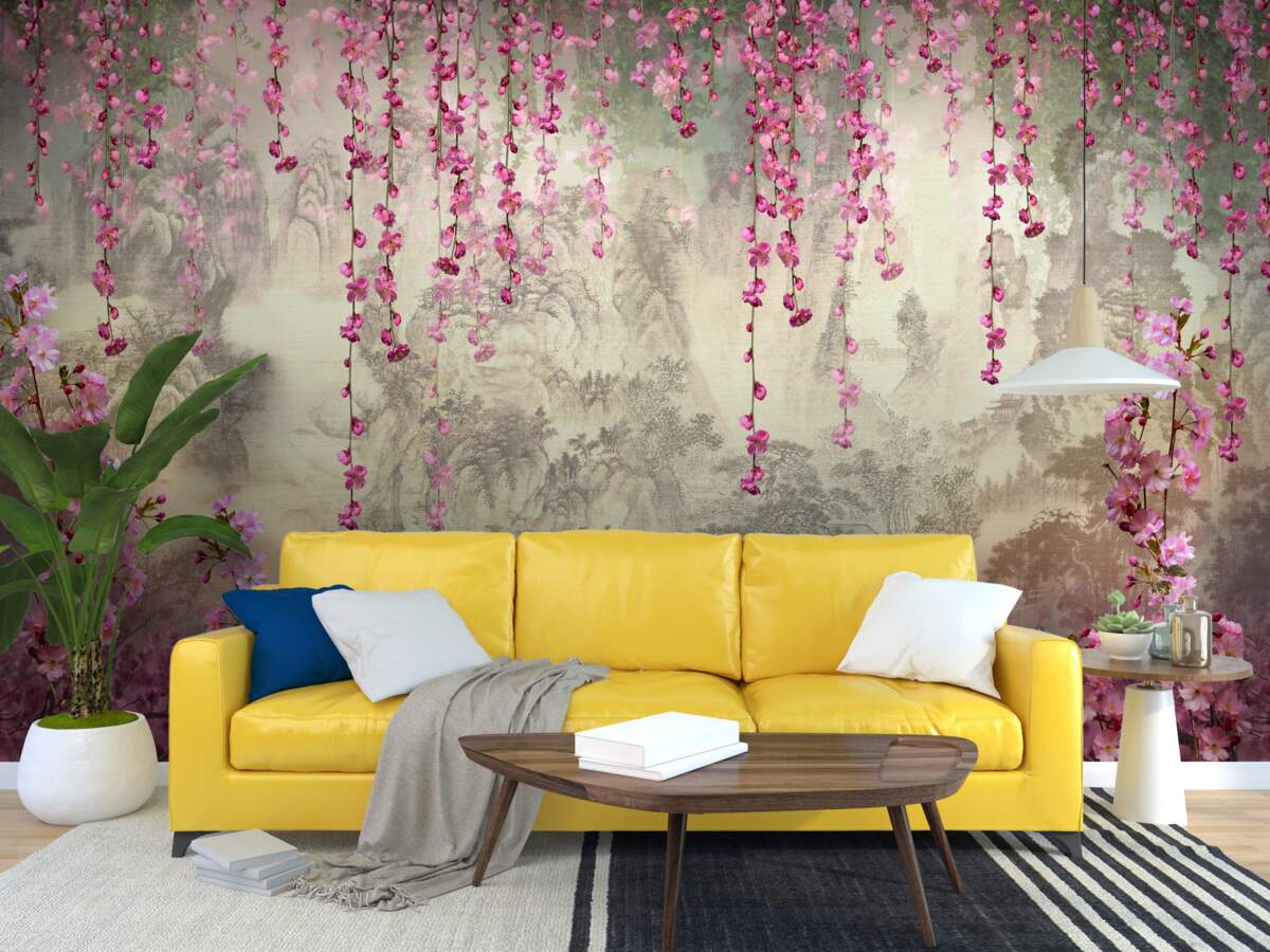 Фотошпалери рожеві квіти, що падають у воду зверху вниз