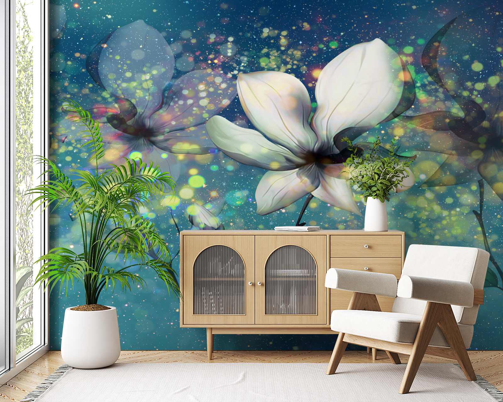 Фотошпалери квітка білого кольору в ніч, всипану зірками