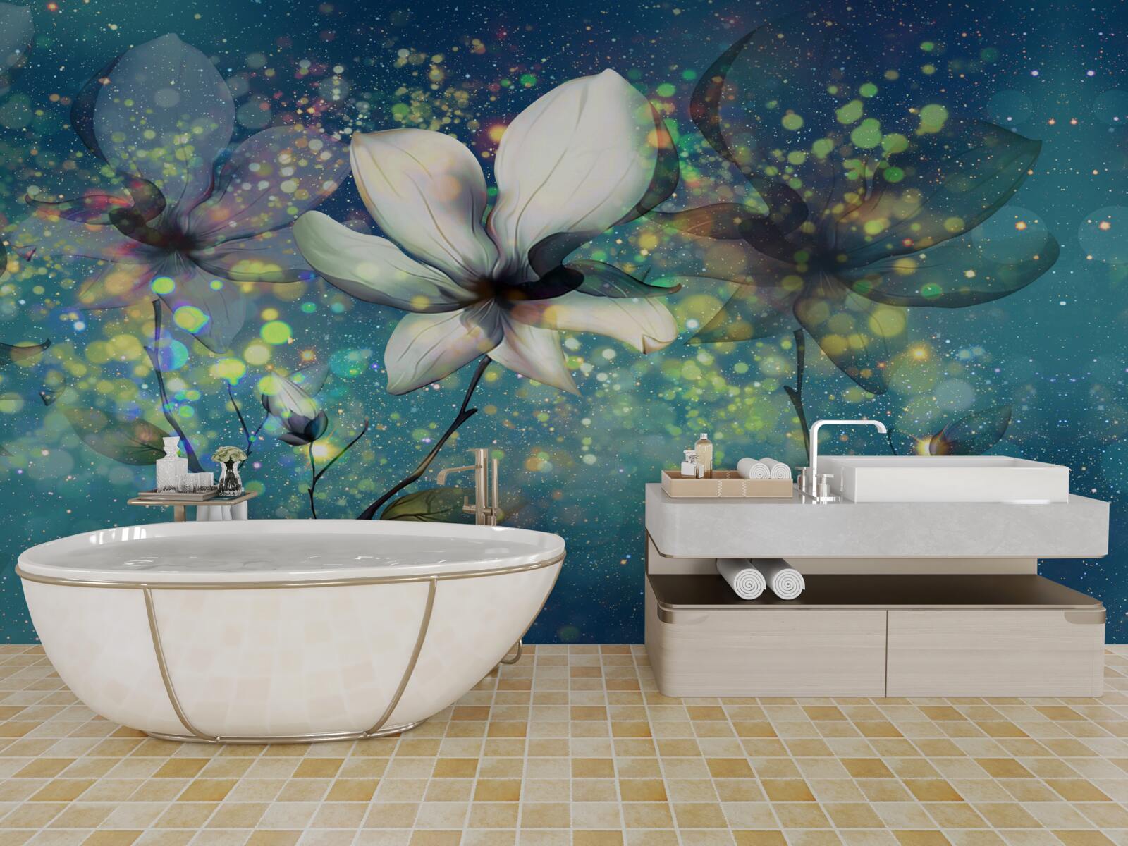 Фотошпалери квітка білого кольору в ніч, всипану зірками