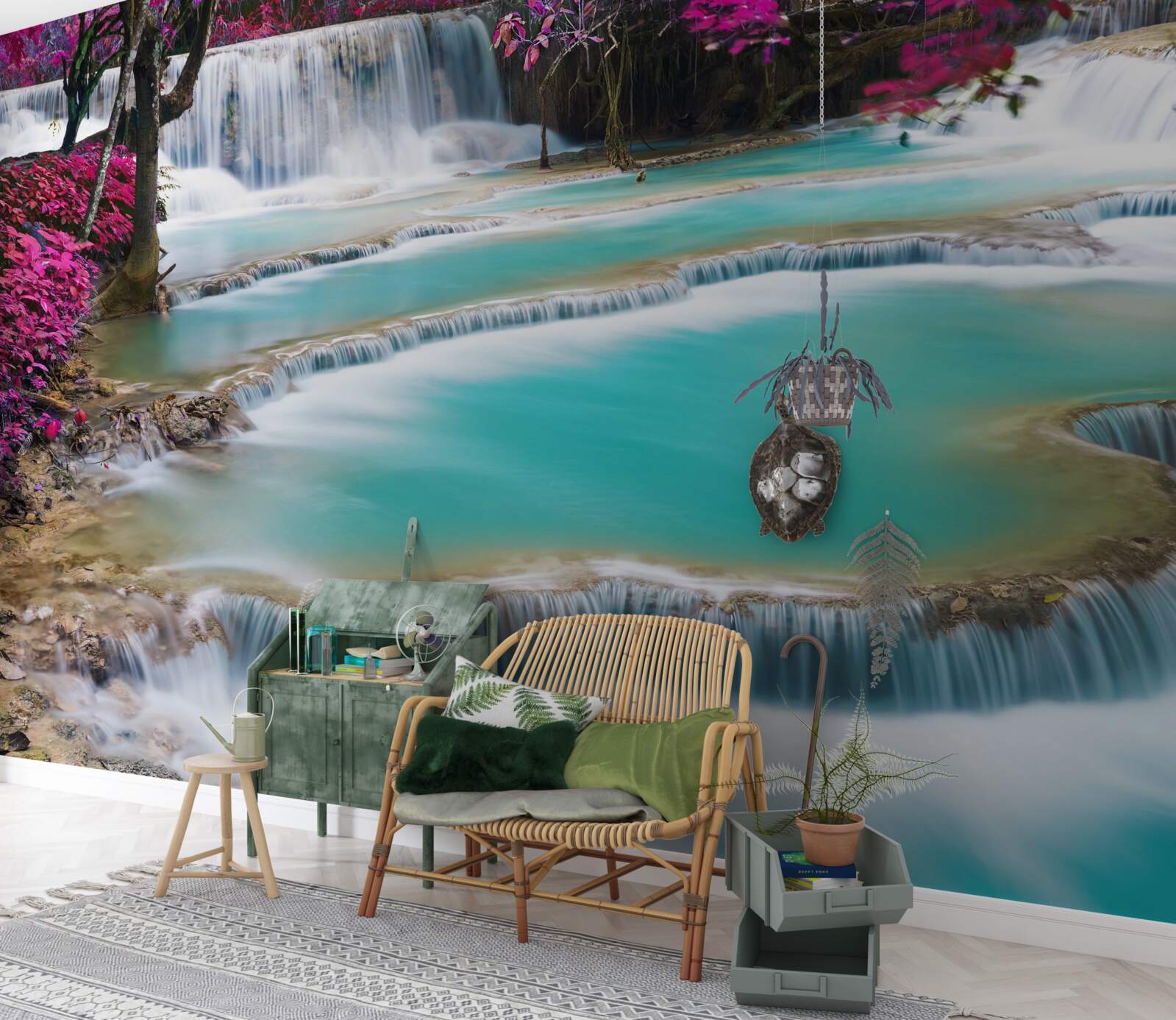 Фотошпалери дерева, вкриті бузковим цвітом біля підніжжя водоспаду