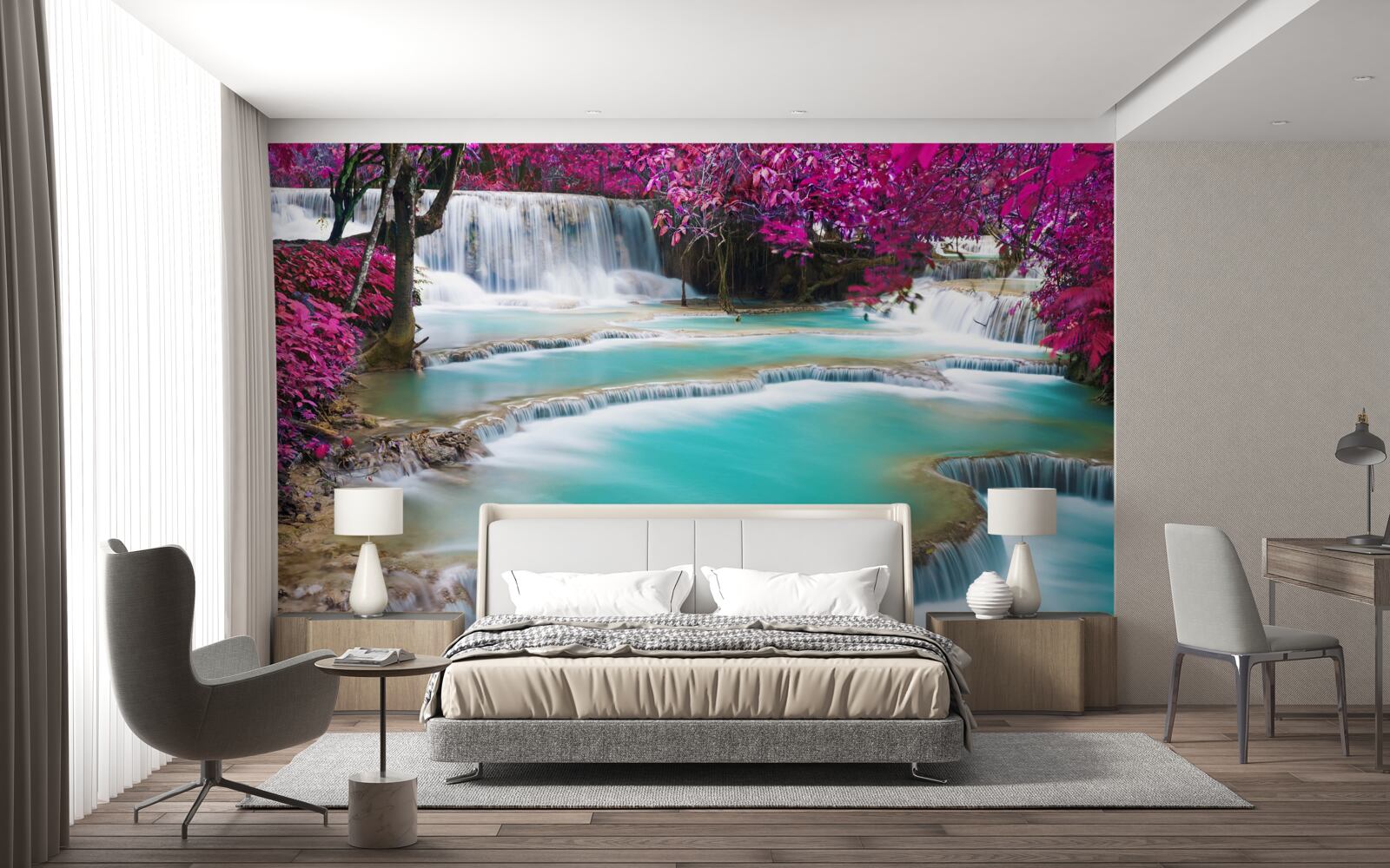 Фотошпалери дерева, вкриті бузковим цвітом біля підніжжя водоспаду