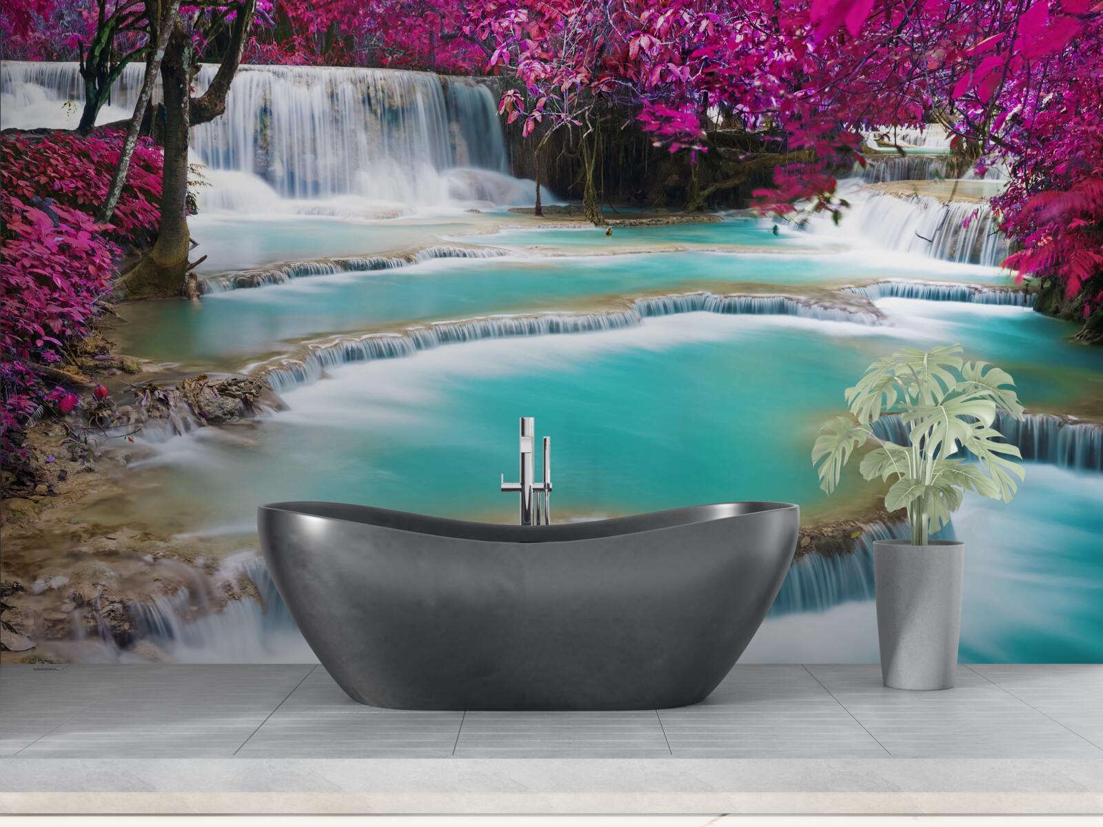 Фотошпалери дерева, вкриті бузковим цвітом біля підніжжя водоспаду