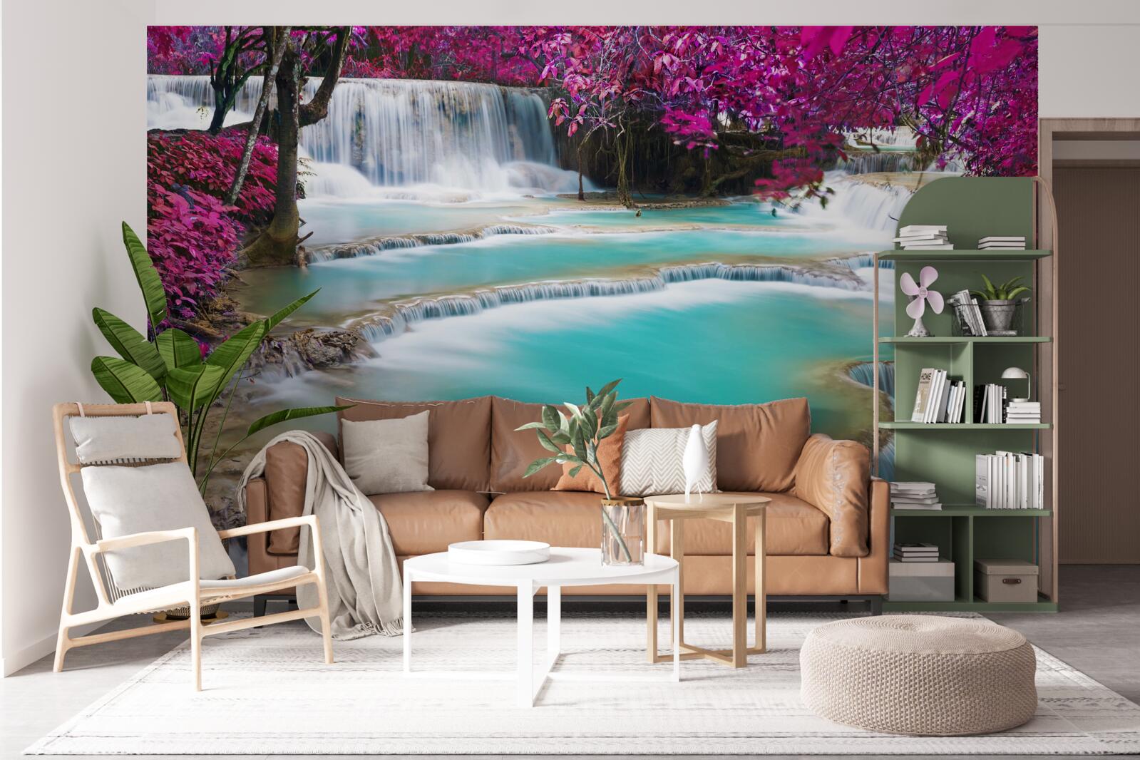 Фотошпалери дерева, вкриті бузковим цвітом біля підніжжя водоспаду