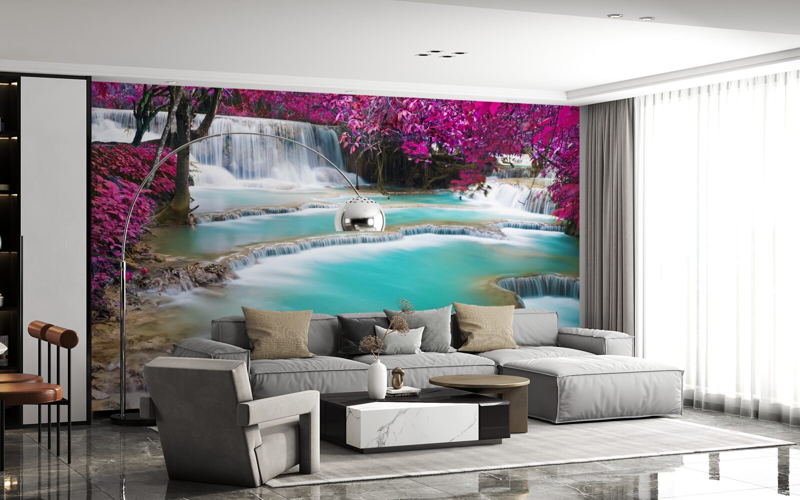 Фотошпалери дерева, вкриті бузковим цвітом біля підніжжя водоспаду