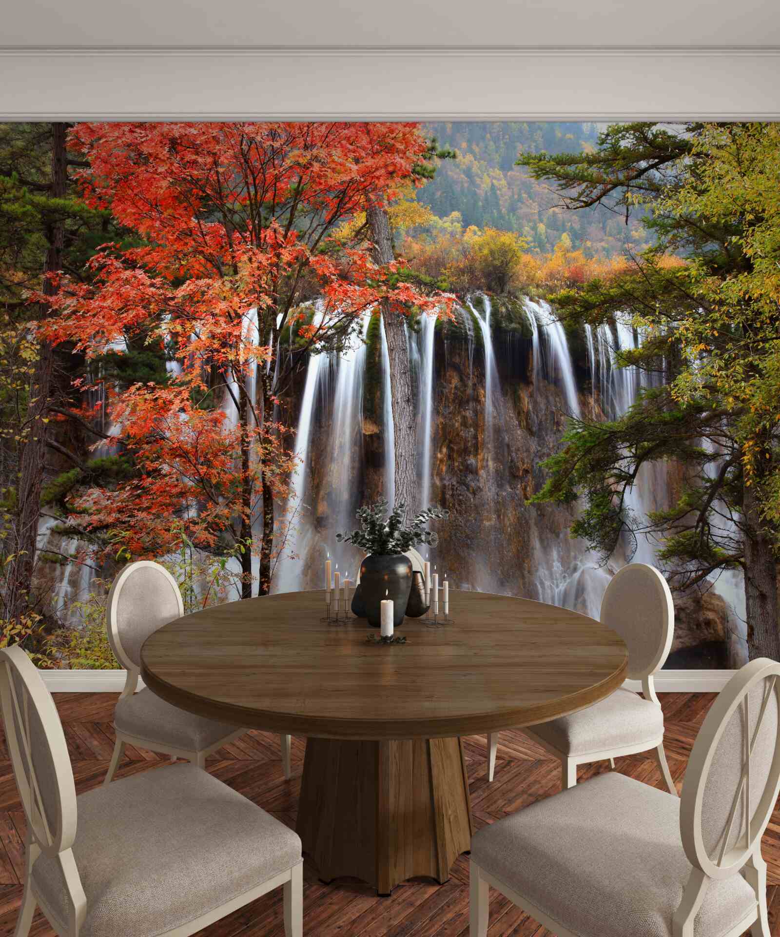 Фотошпалери ліс біля потужного водоспаду восени