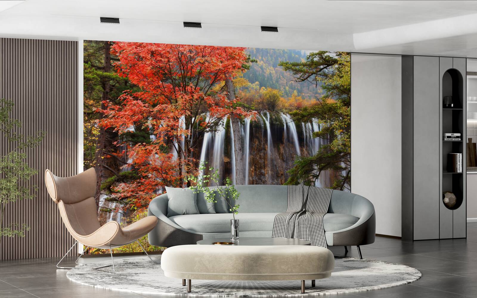 Фотошпалери ліс біля потужного водоспаду восени