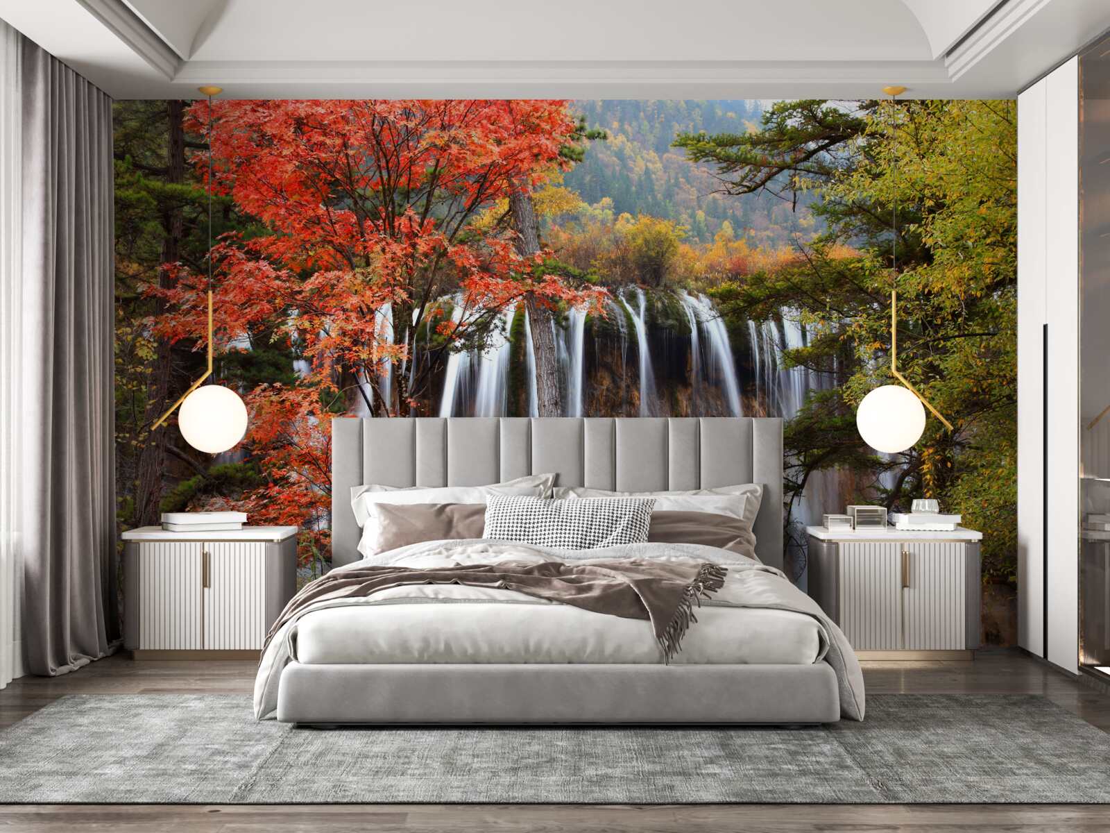 Фотошпалери ліс біля потужного водоспаду восени