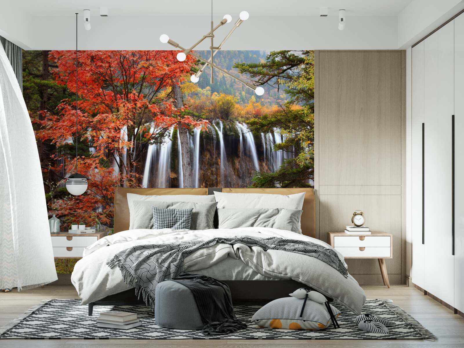 Фотошпалери ліс біля потужного водоспаду восени