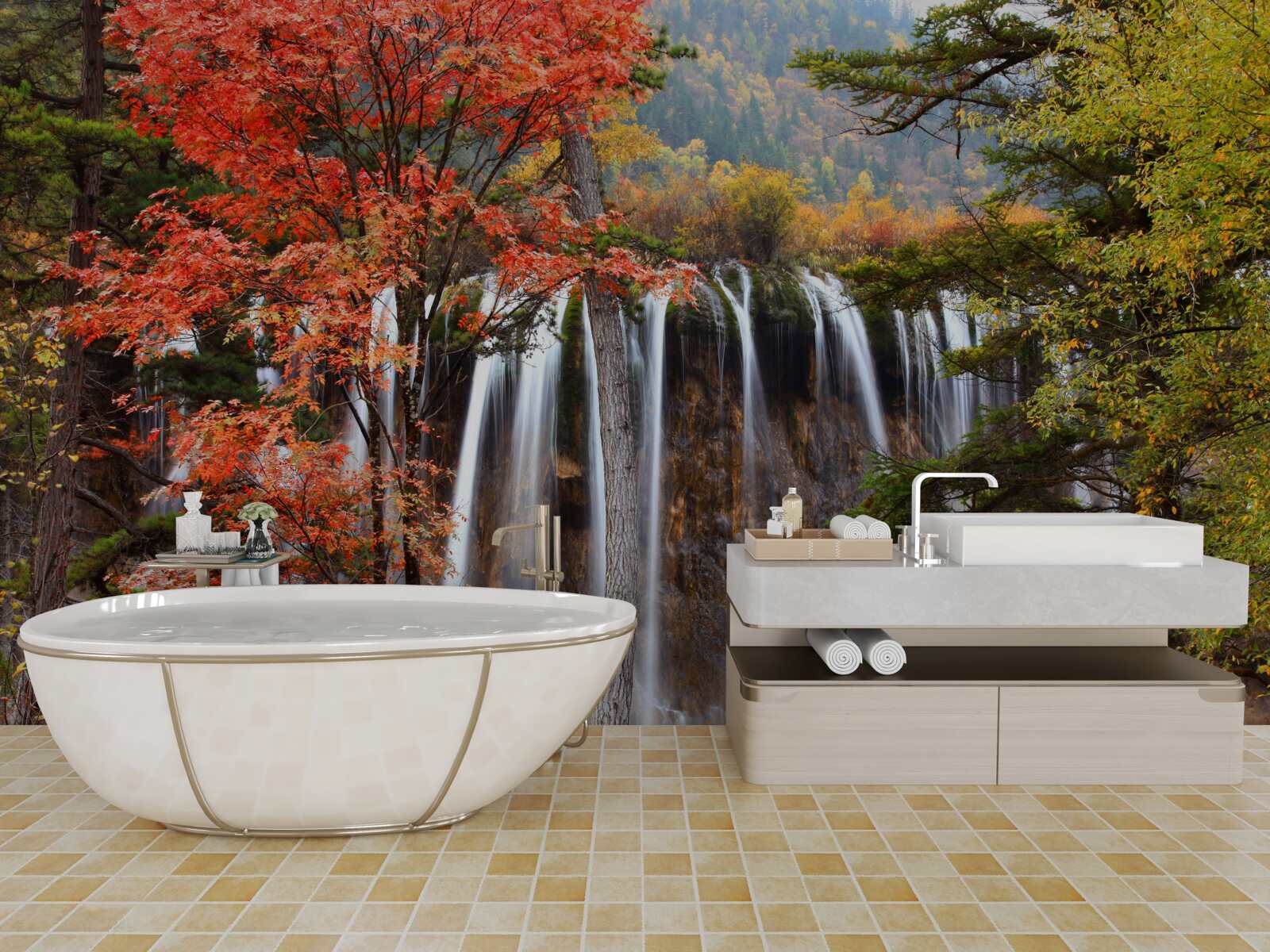 Фотошпалери ліс біля потужного водоспаду восени