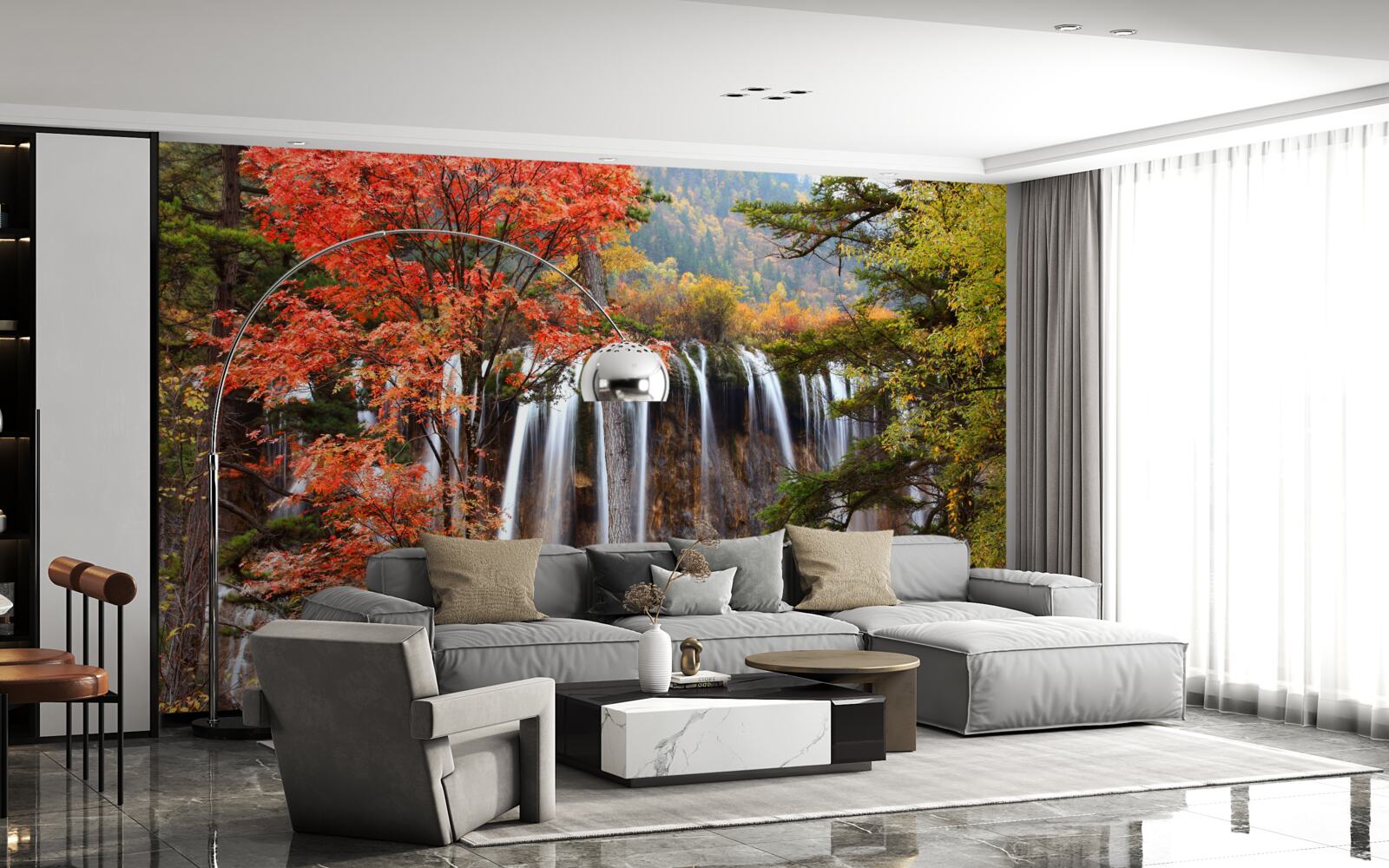 Фотошпалери ліс біля потужного водоспаду восени