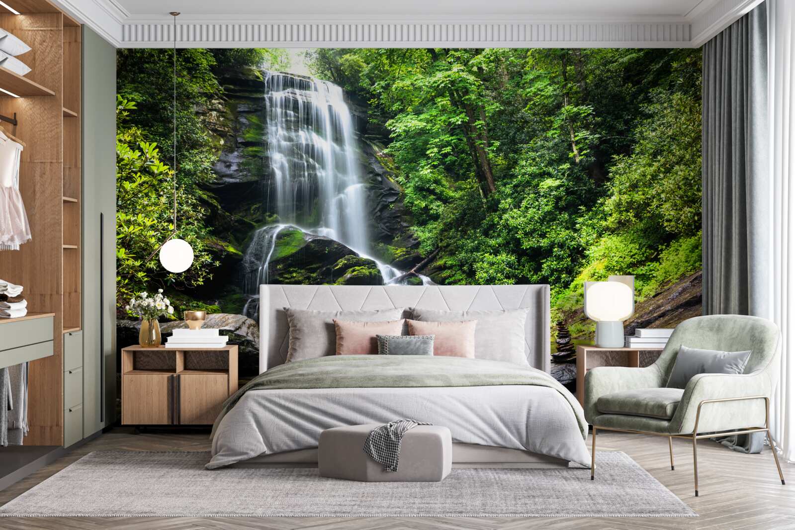 Фотошпалери води гірського водоспаду швидко падають у лісі