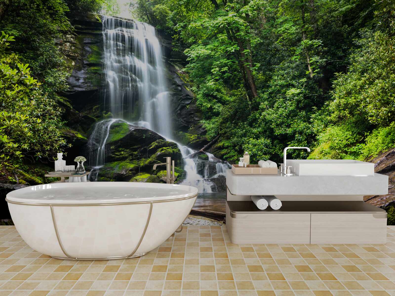 Фотошпалери води гірського водоспаду швидко падають у лісі