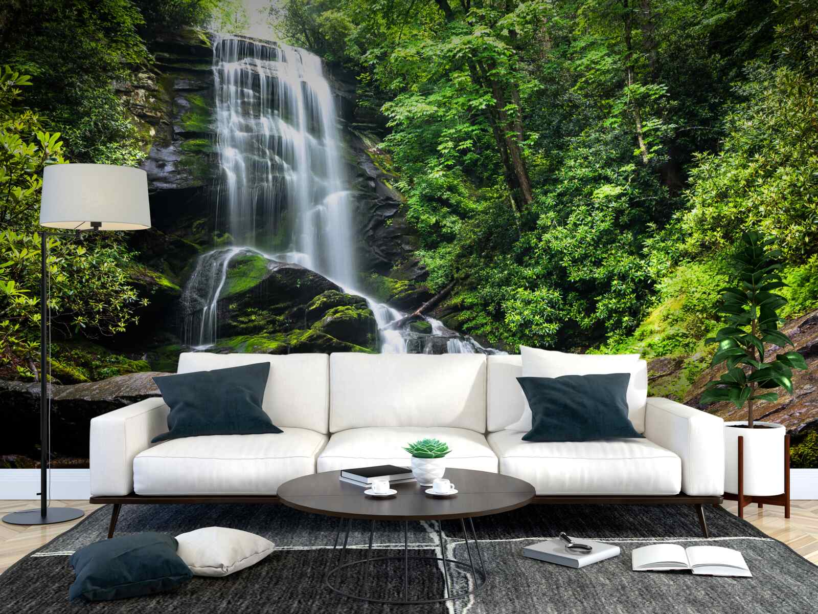 Фотошпалери води гірського водоспаду швидко падають у лісі