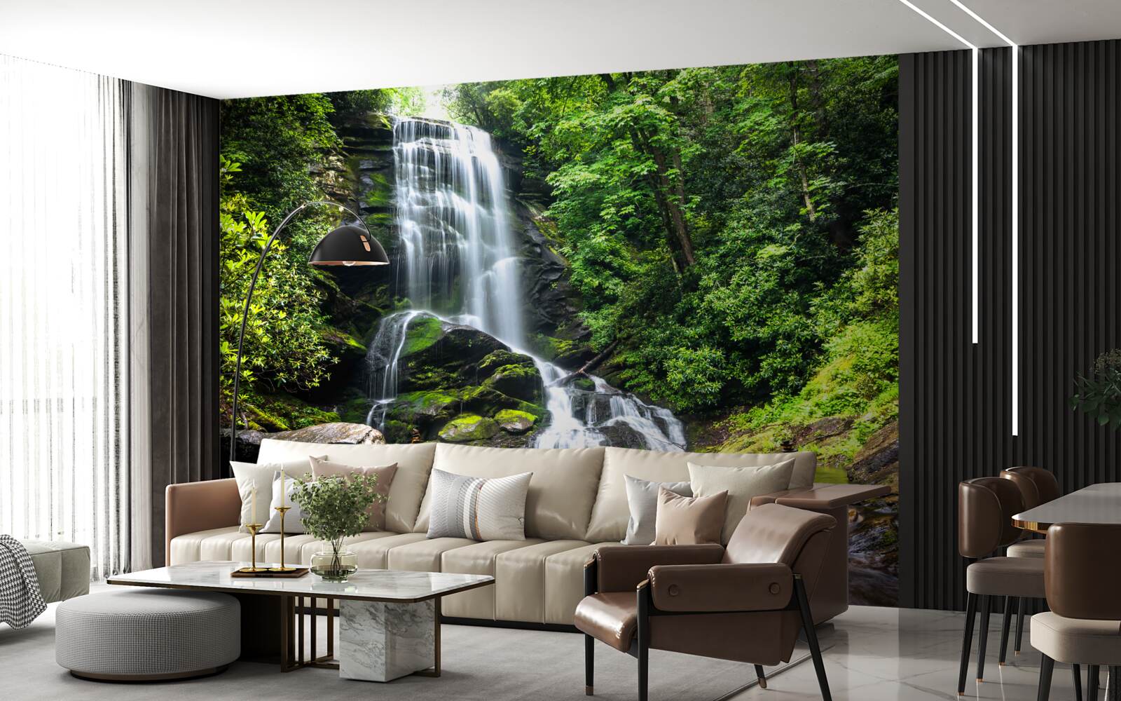 Фотошпалери води гірського водоспаду швидко падають у лісі