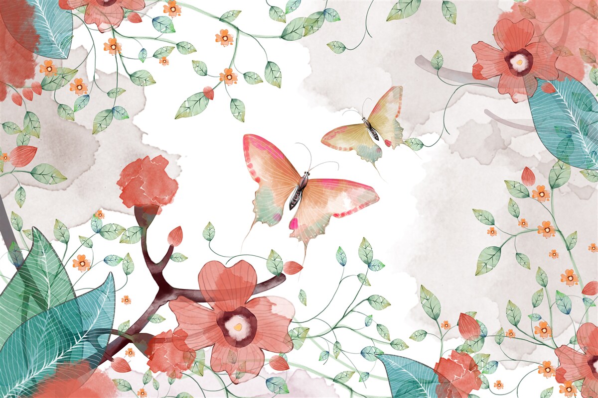 Фотошпалери квіти та метелики, намальовані аквареллю