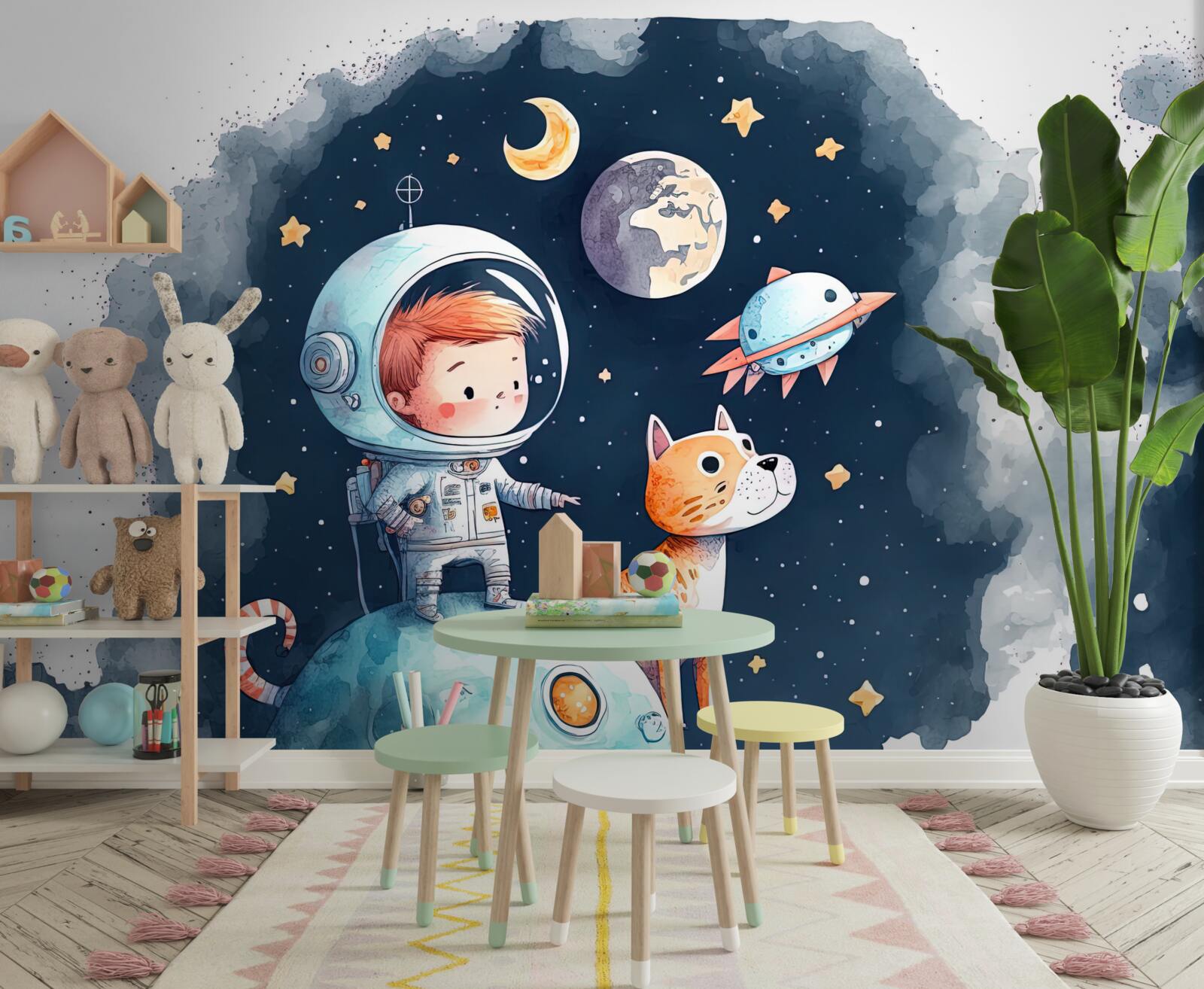 Фотошпалери хлопчик із собакою в космосі