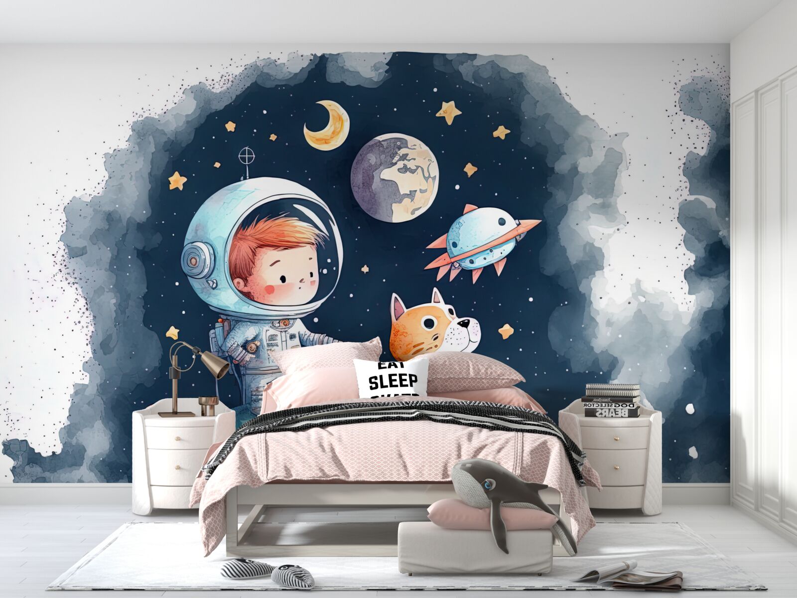 Фотошпалери хлопчик із собакою в космосі