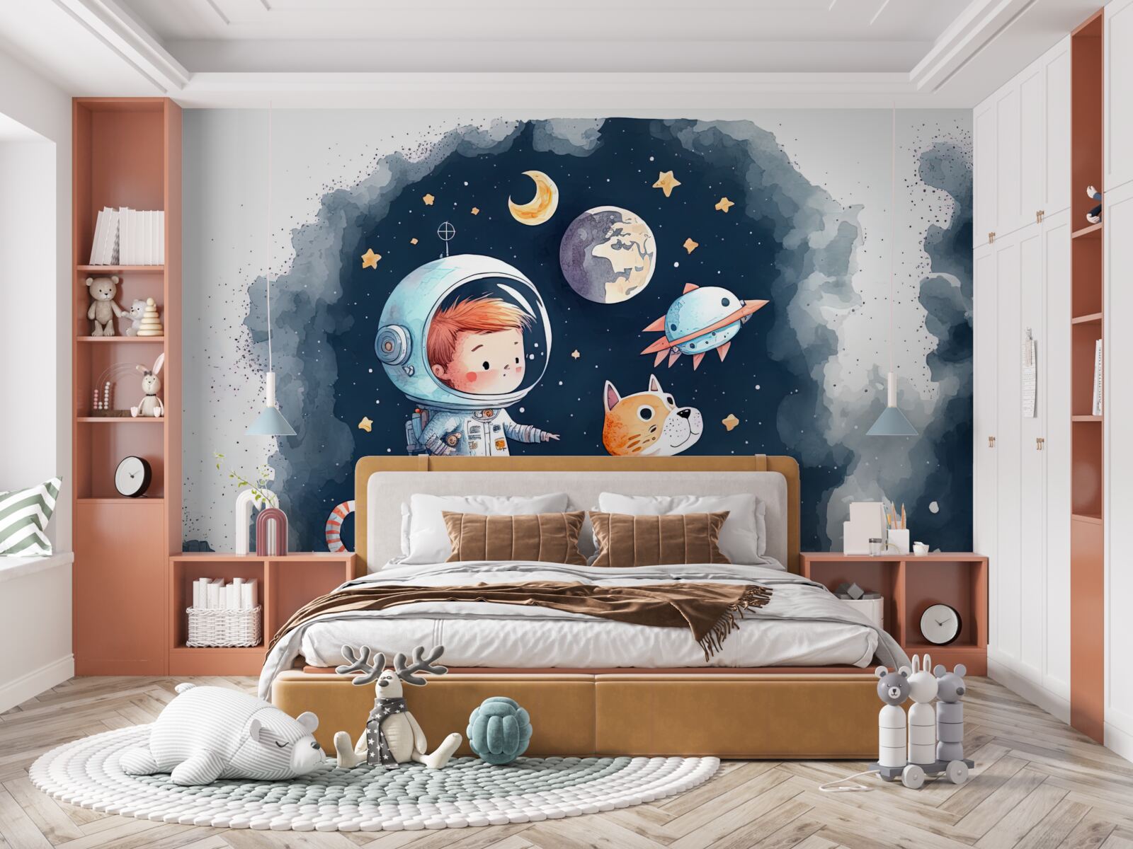 Фотошпалери хлопчик із собакою в космосі