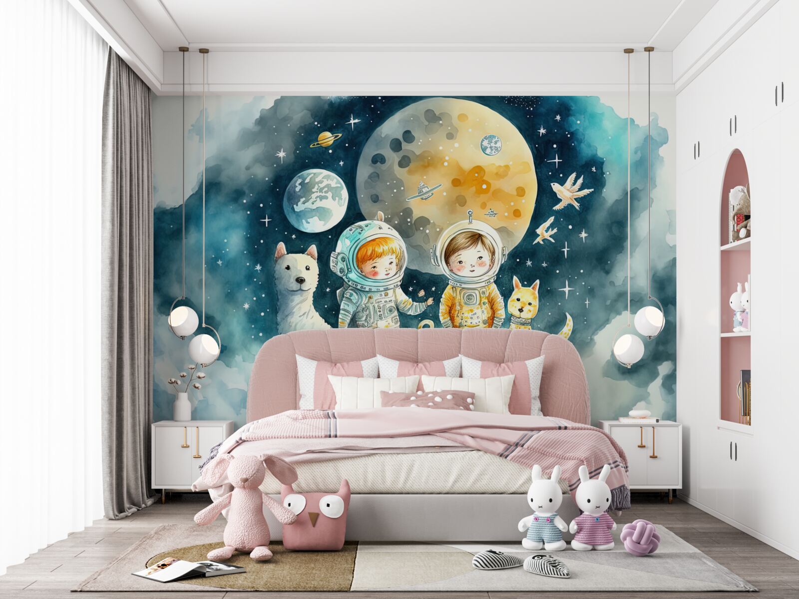 Фотошпалери діти в космосі з тваринами