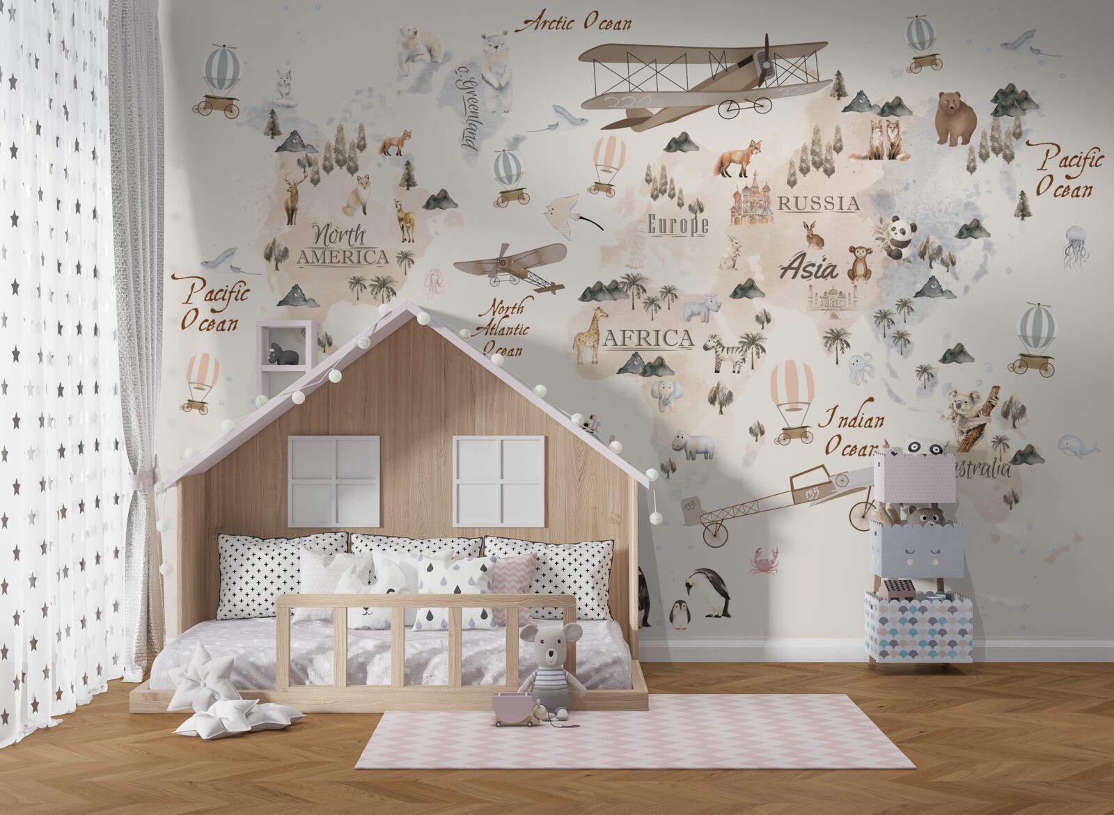 Фотошпалери карта світу із зображеннями різних тварин і транспортних засобів