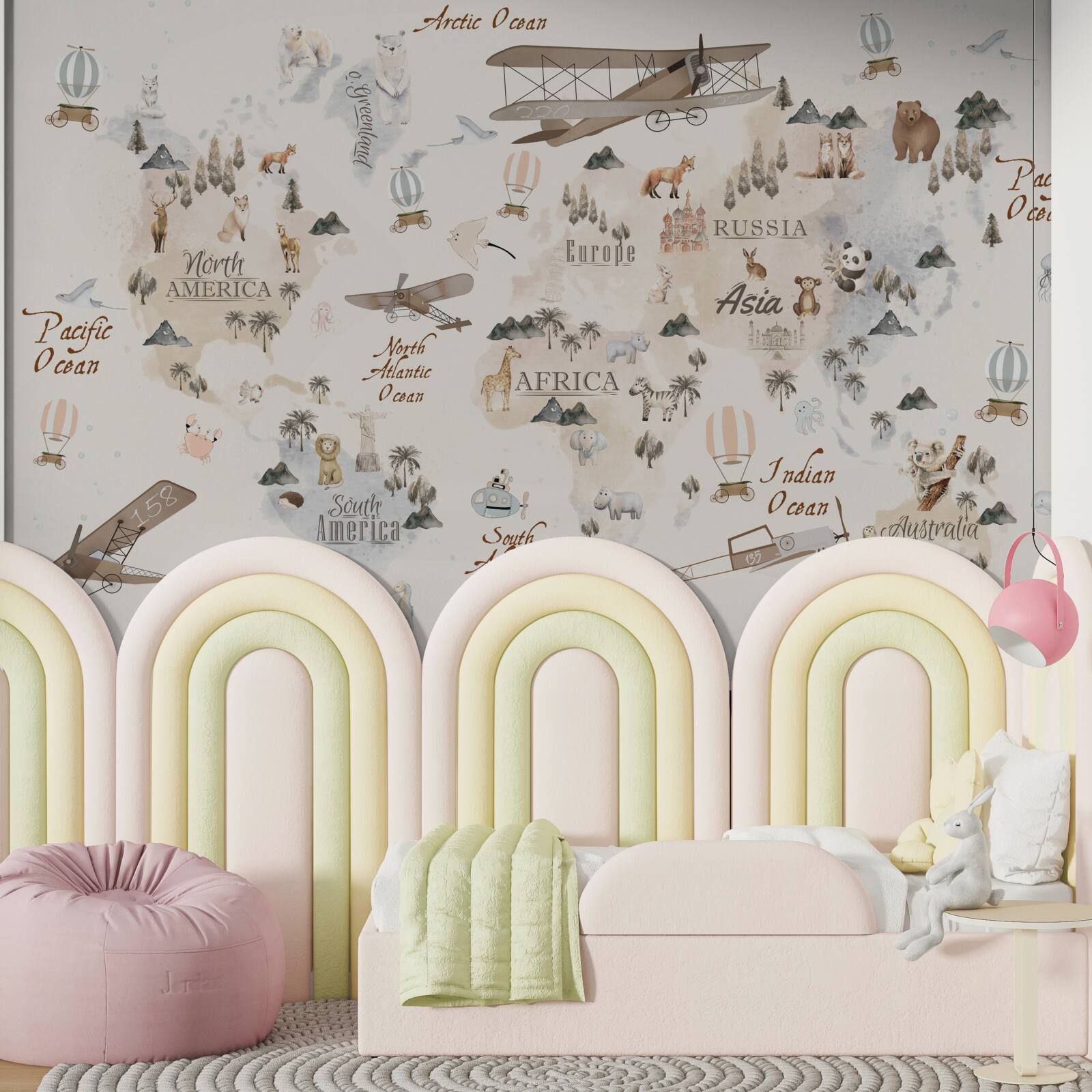 Фотошпалери карта світу із зображеннями різних тварин і транспортних засобів