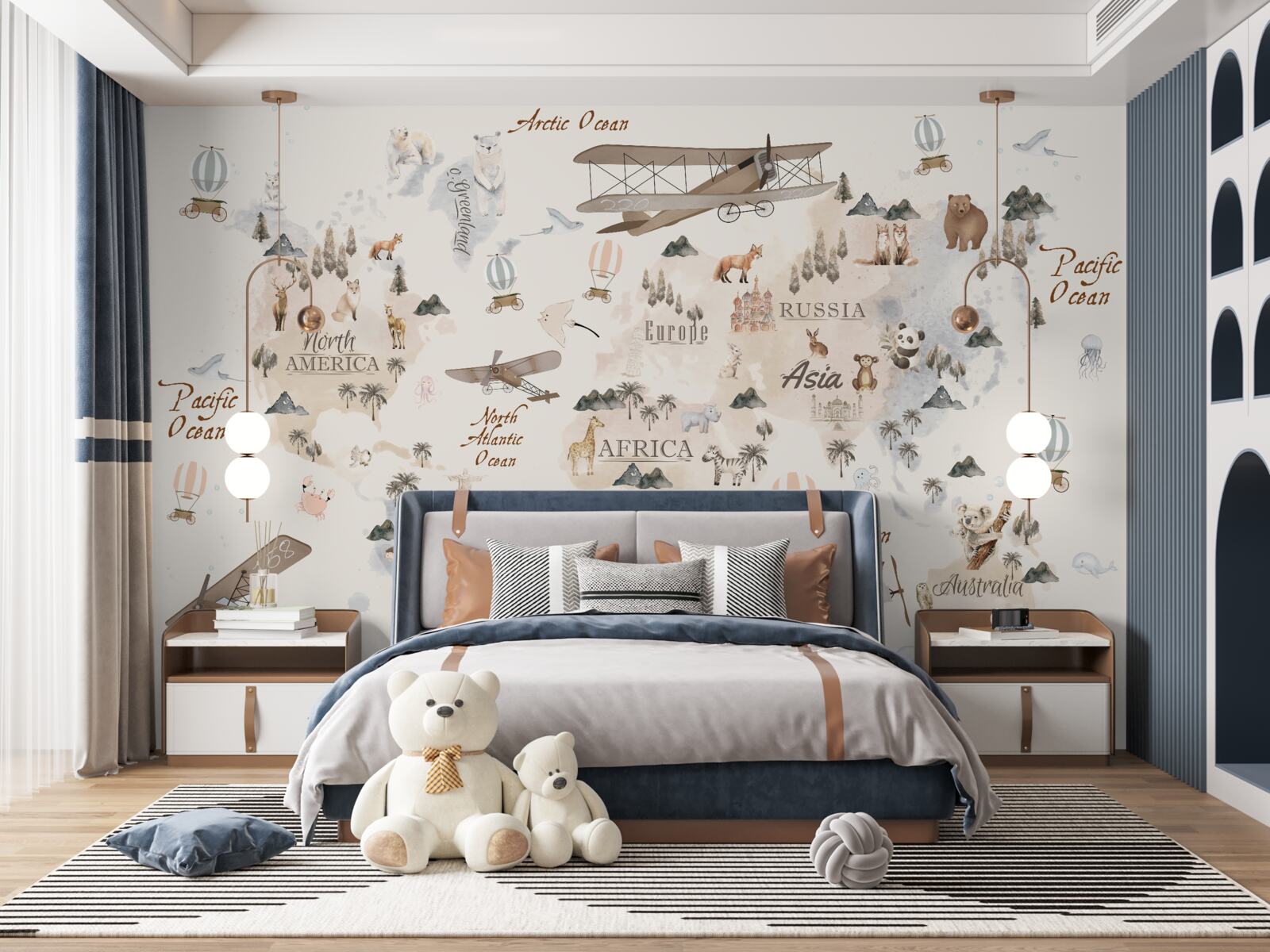 Фотошпалери карта світу із зображеннями різних тварин і транспортних засобів