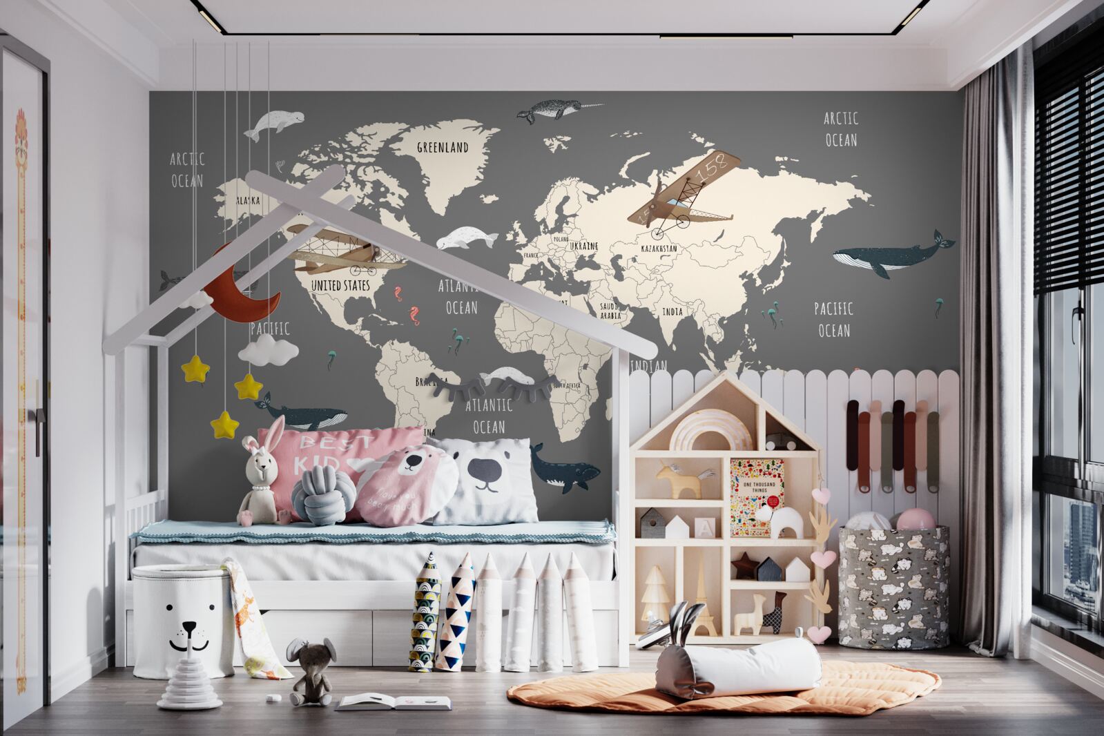 Фотошпалери карта світу з морськими мешканцями