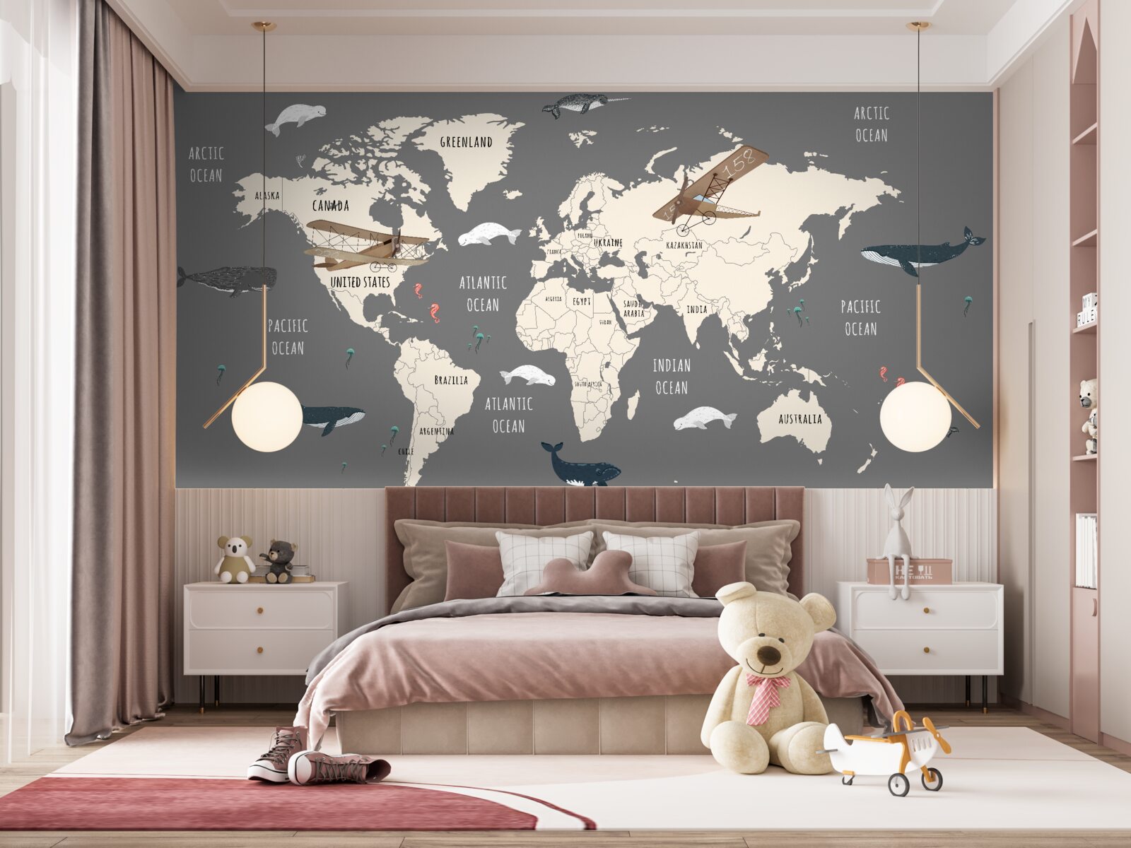 Фотошпалери карта світу з морськими мешканцями