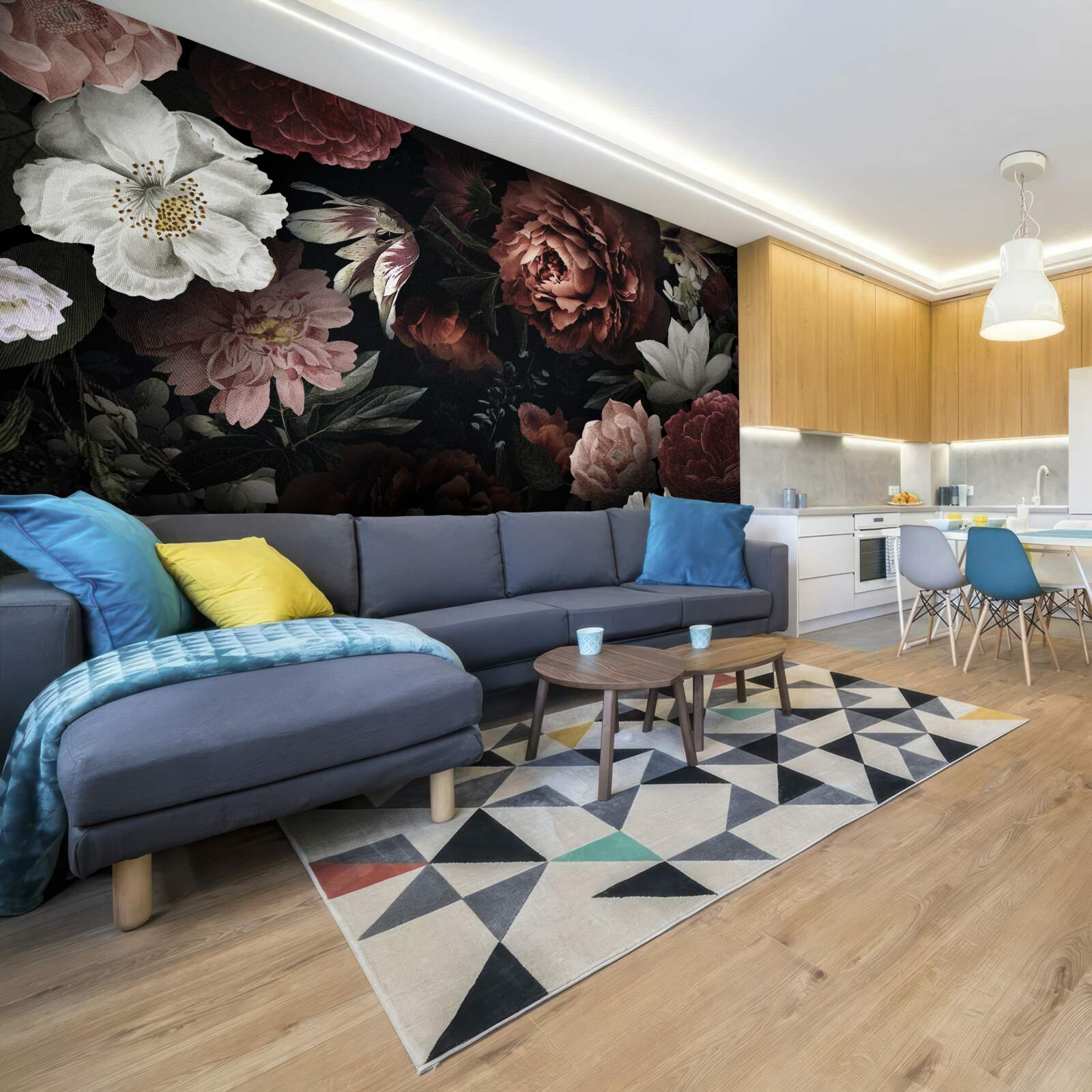 Фотошпалери квіти різних відтінків на чорному тлі