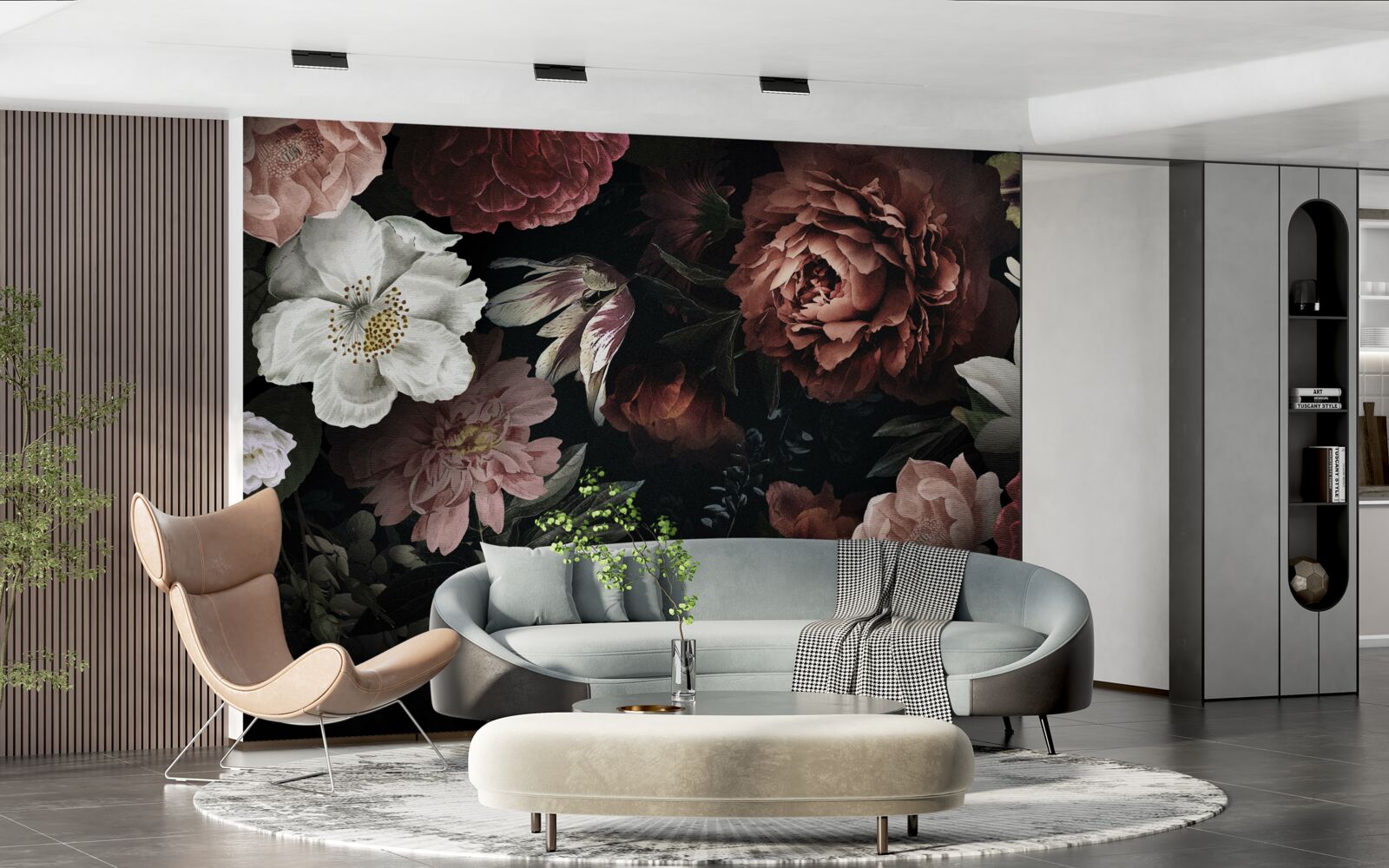 Фотошпалери квіти різних відтінків на чорному тлі