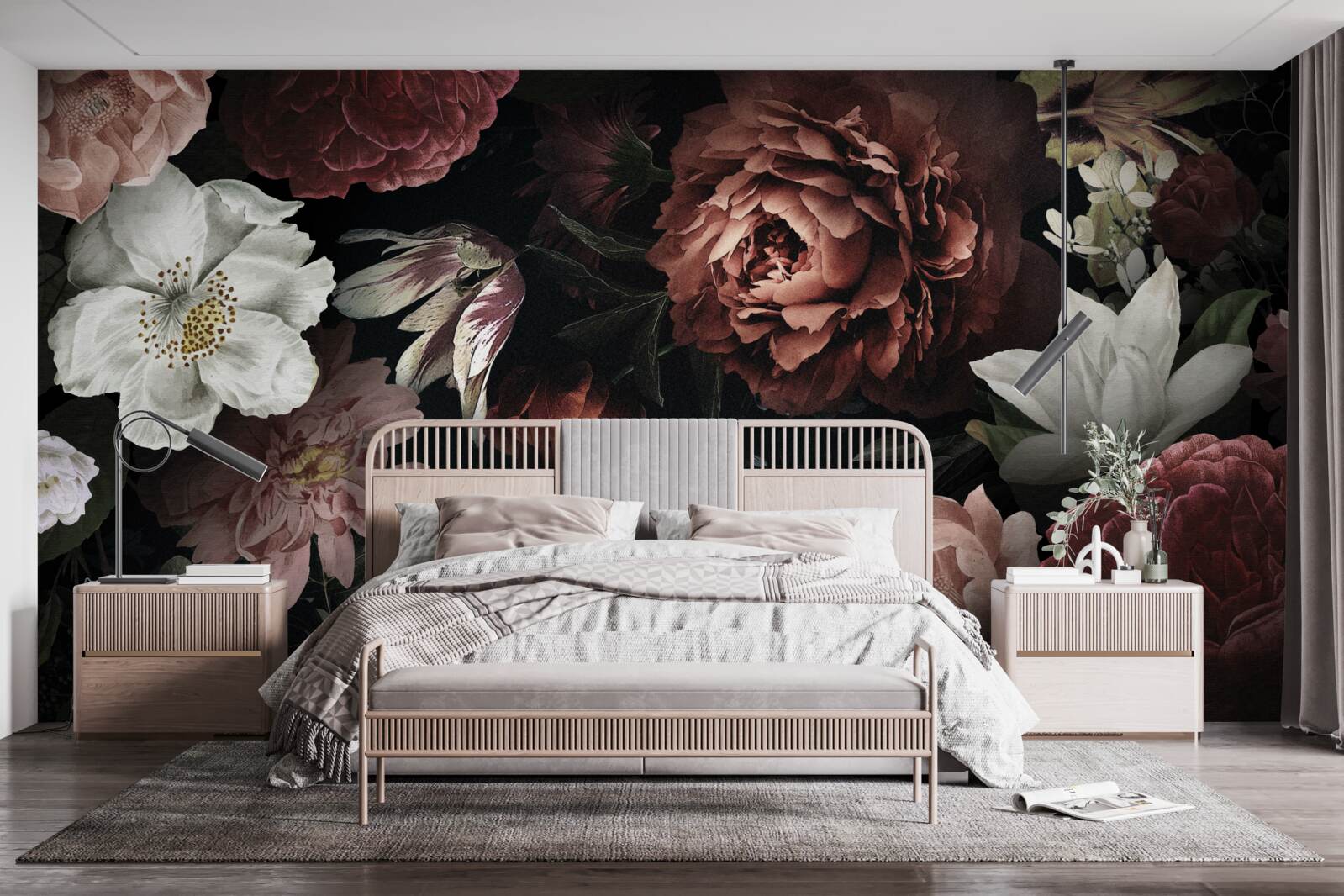 Фотошпалери квіти різних відтінків на чорному тлі