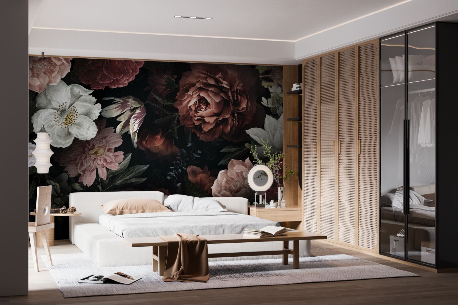 Фотошпалери квіти різних відтінків на чорному тлі