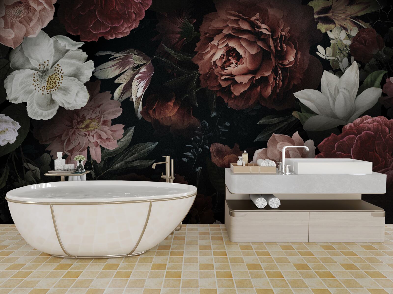 Фотошпалери квіти різних відтінків на чорному тлі