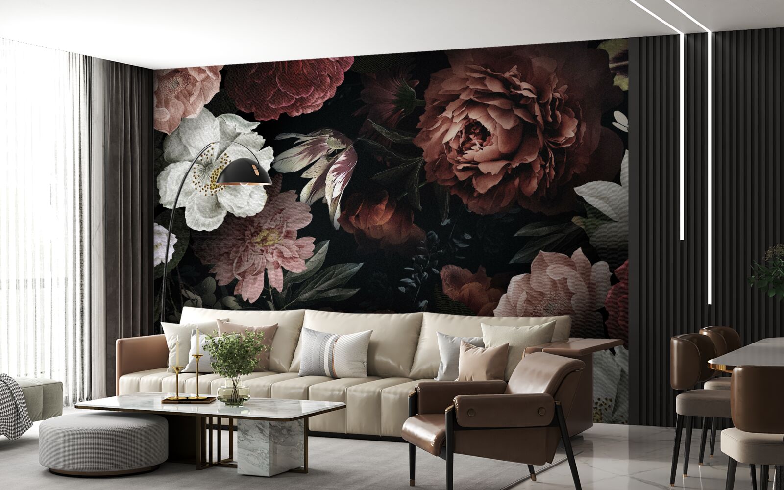 Фотошпалери квіти різних відтінків на чорному тлі