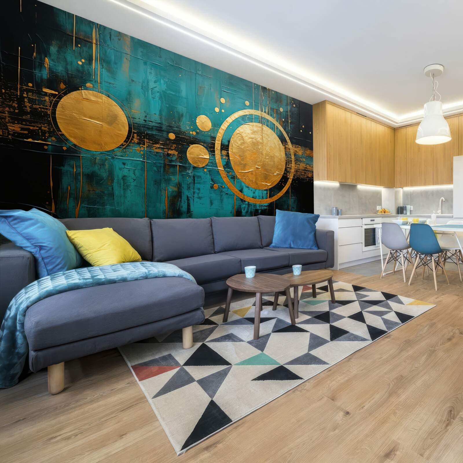 Фотошпалери бірюзовий фон із золотими колами