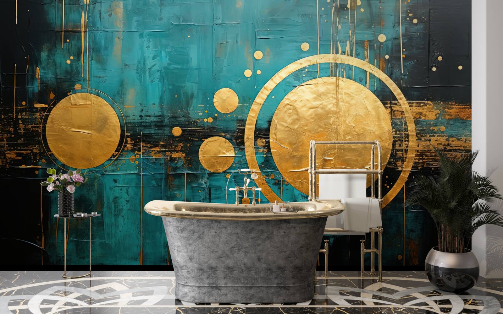 Фотошпалери бірюзовий фон із золотими колами