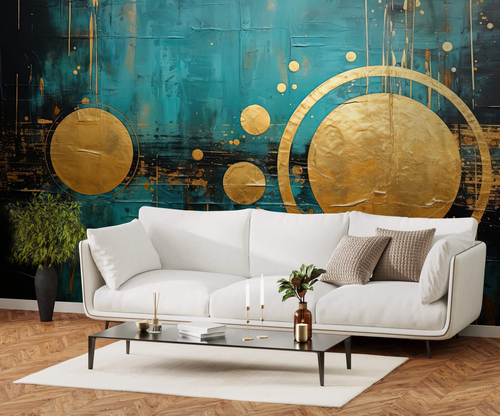 Фотошпалери бірюзовий фон із золотими колами