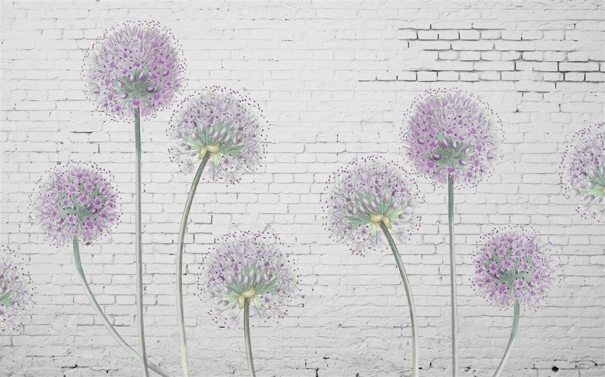 Фотошпалери великі квіти кульбаби на цегляній стіні