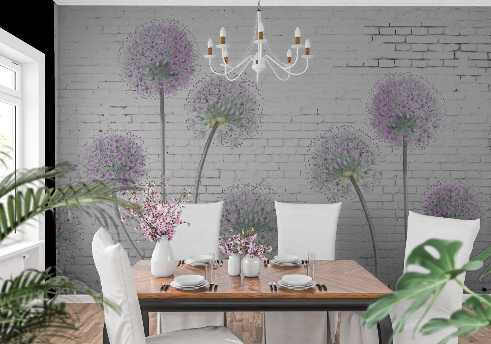 Фотошпалери великі квіти кульбаби на цегляній стіні