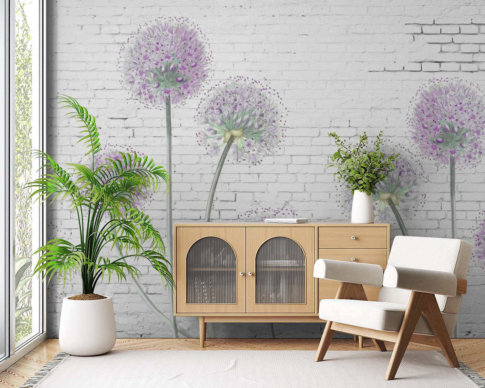 Фотошпалери великі квіти кульбаби на цегляній стіні