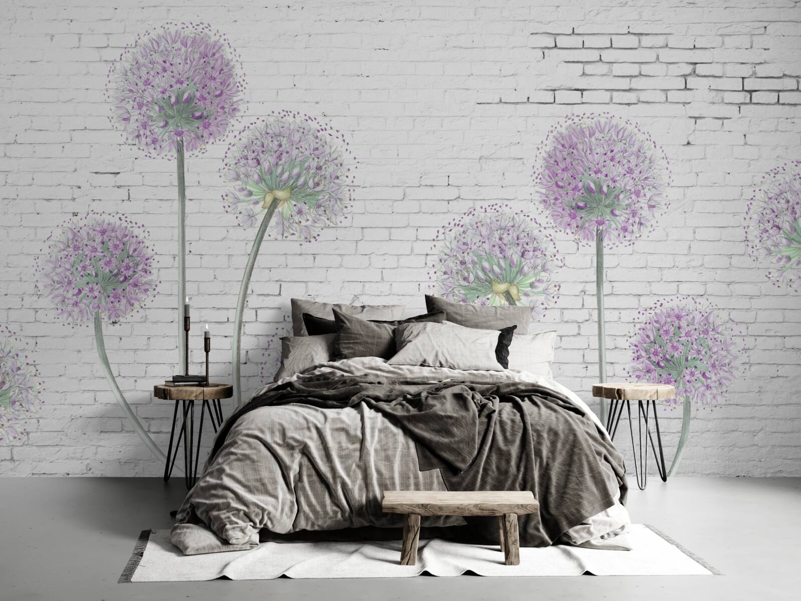 Фотошпалери великі квіти кульбаби на цегляній стіні