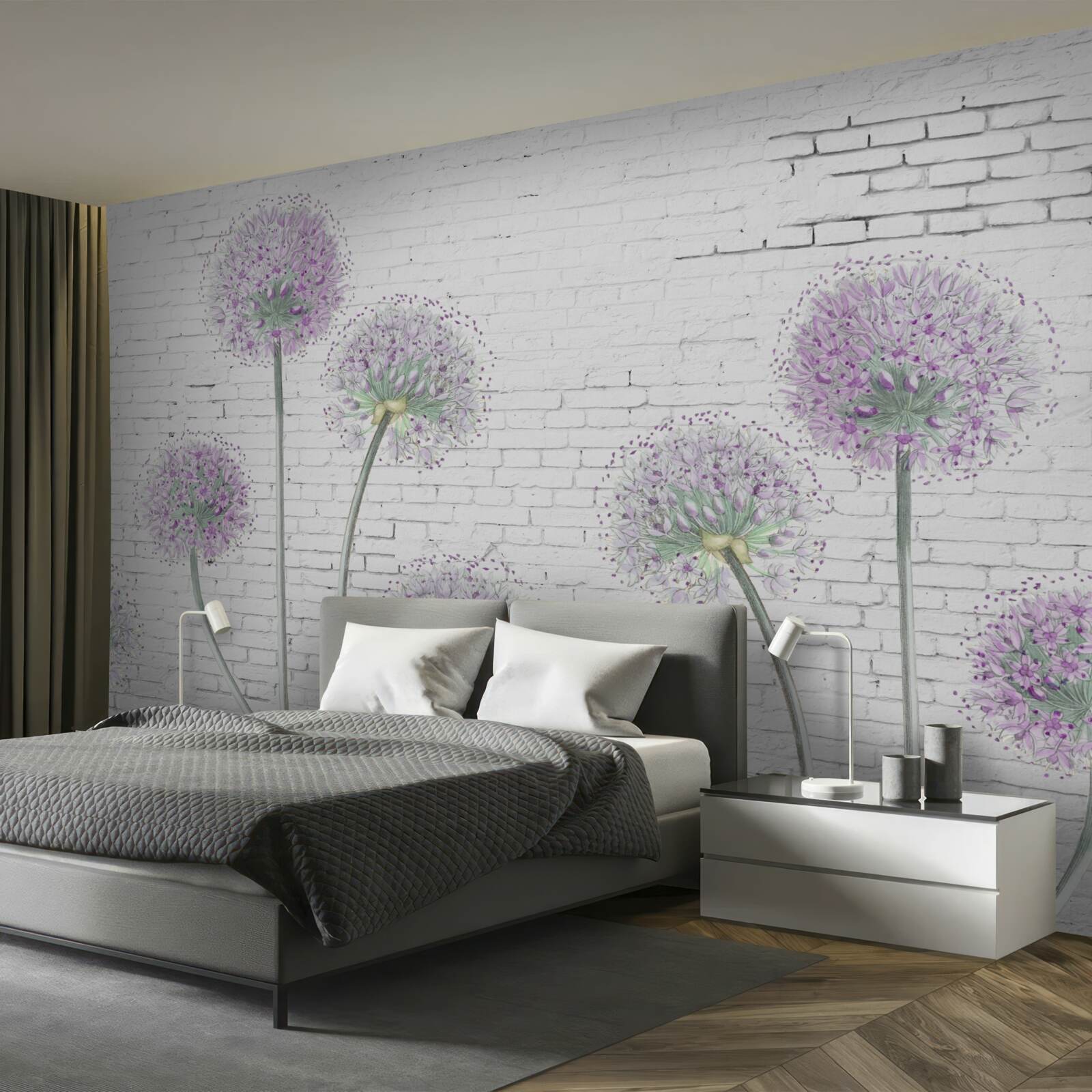 Фотошпалери великі квіти кульбаби на цегляній стіні