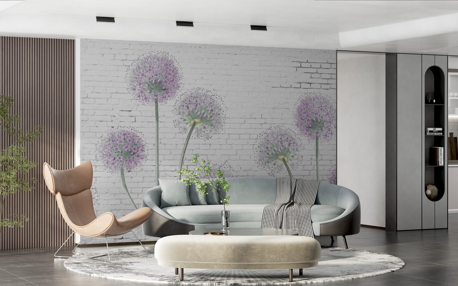 Фотошпалери великі квіти кульбаби на цегляній стіні