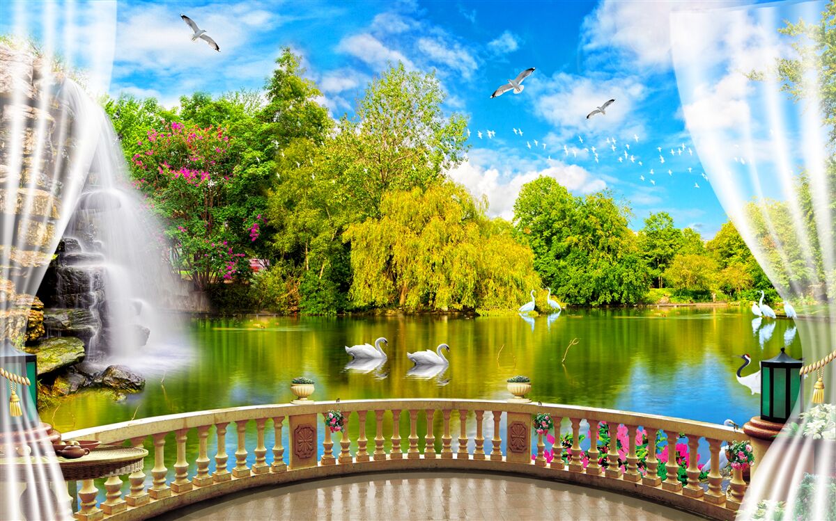 Фотошпалери тераса з прекрасним видом на Лебедине озеро