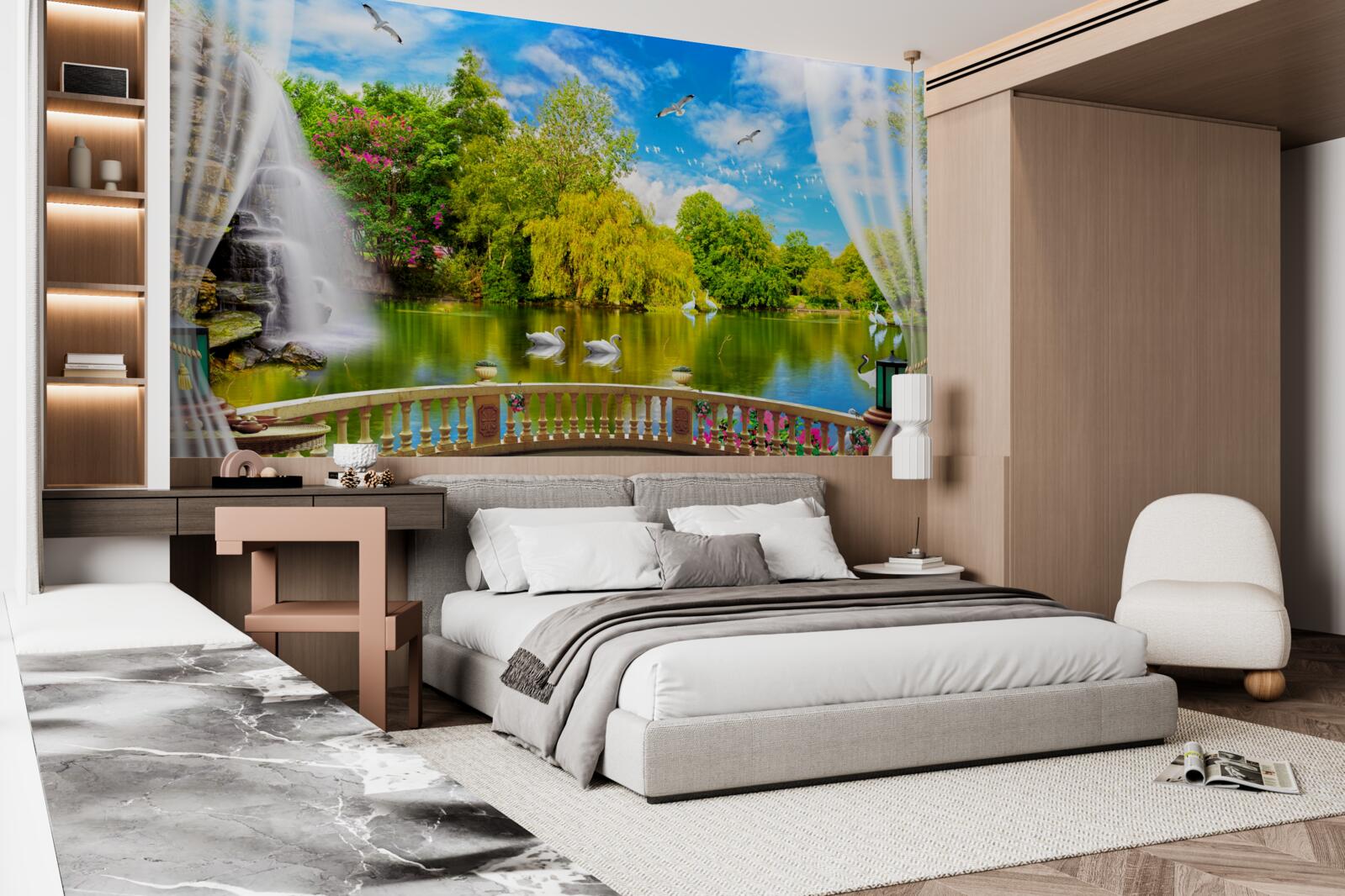 Фотошпалери тераса з прекрасним видом на Лебедине озеро