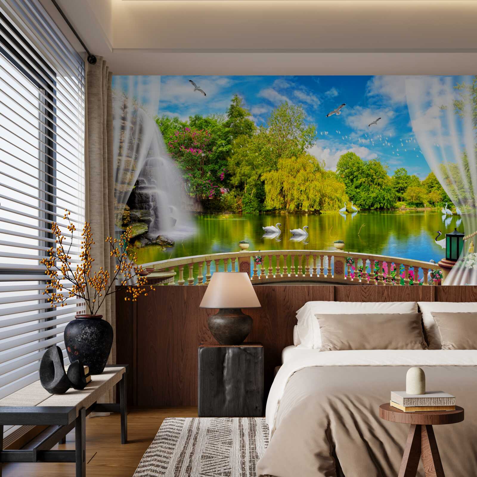 Фотошпалери тераса з прекрасним видом на Лебедине озеро