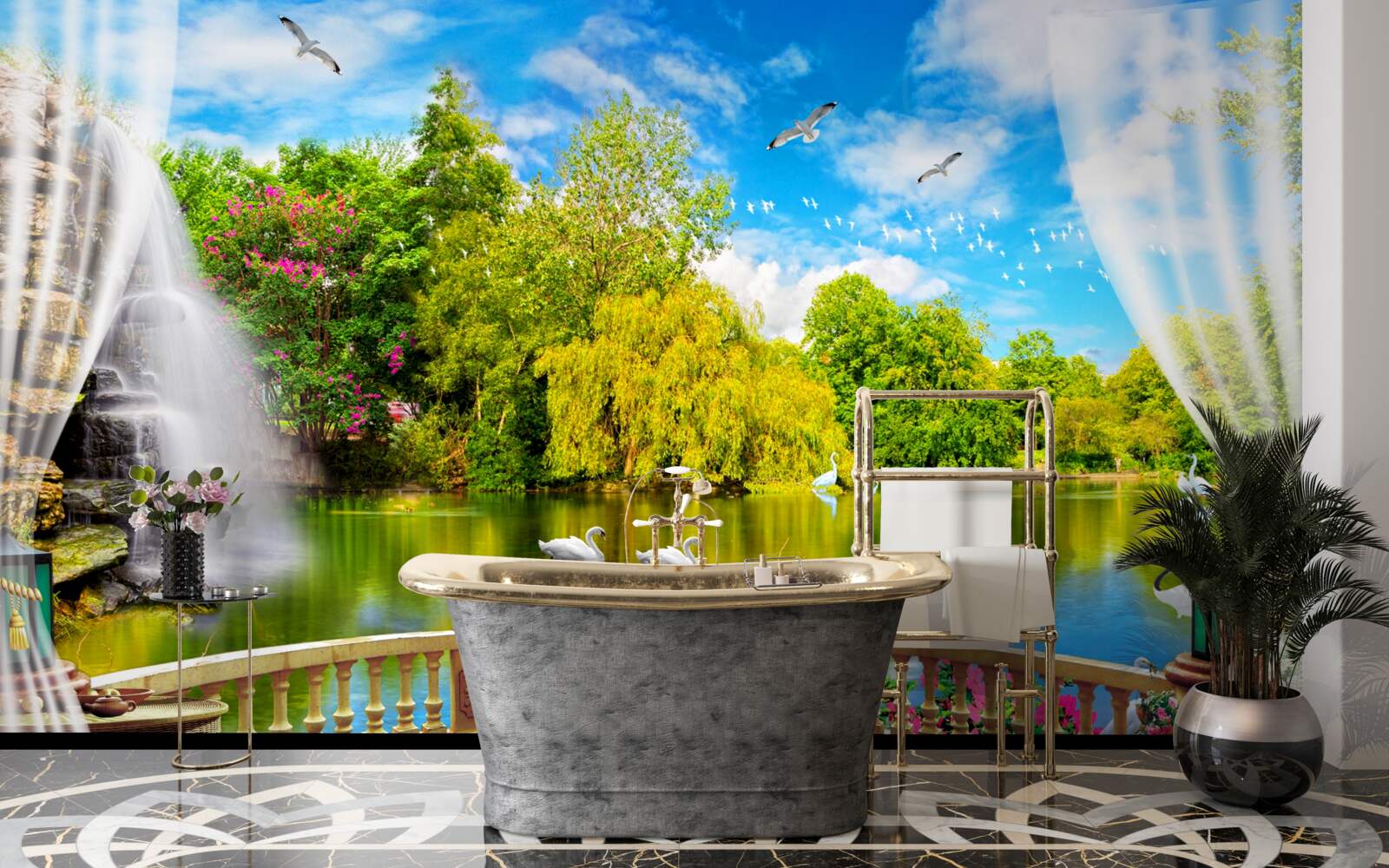 Фотошпалери тераса з прекрасним видом на Лебедине озеро